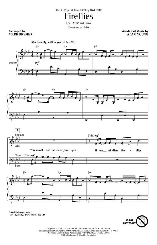 Adam Young Fireflies (Arr. Mark Brymer) Gemischter Chor mit Klavier/Orgel