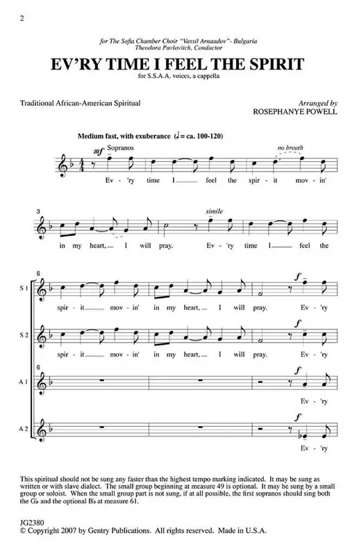 African-American Spiritual Ev‘ry Time I Feel the Spirit (Arr. Rosephanye Powell) Frauenchor A cappella