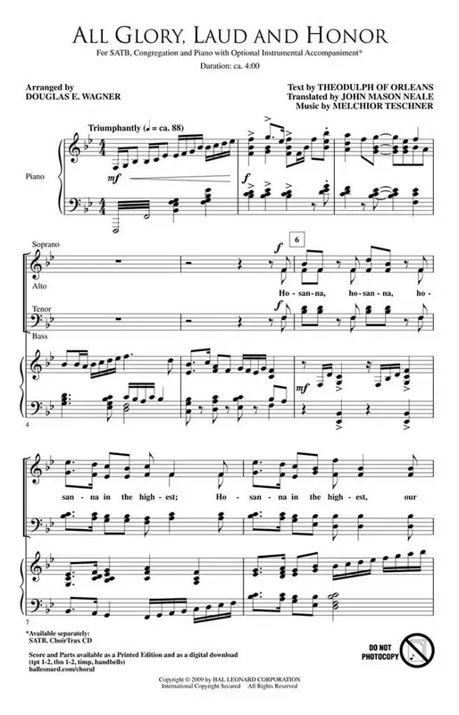 All Glory, Laud and Honor (Arr. Douglas E. Wagner) Gemischter Chor mit Begleitung