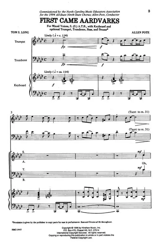 Allen Pote First Came Aardvarks (Arr. Allen Pote) Gemischter Chor mit Klavier/Orgel