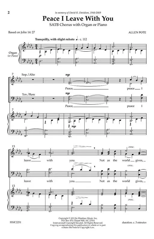 Allen Pote Peace I Leave You (Arr. Allen Pote) Gemischter Chor mit Klavier/Orgel
