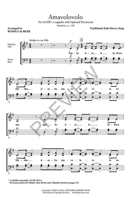 Amavolovolo (Arr. Rudolf de Beer) Gemischter Chor A cappella