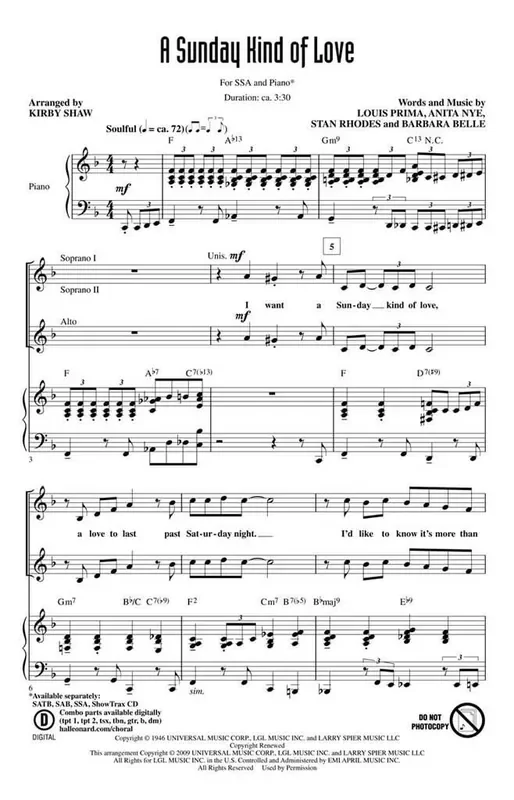 Anita Leonard A Sunday Kind of Love (Arr. Kirby Shaw) Frauenchor mit Begleitung