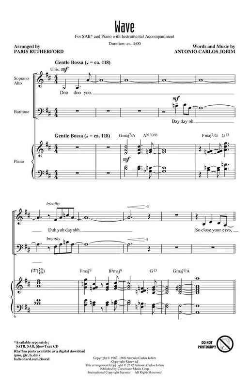 Antonio Carlos Jobim Wave (Arr. Paris Rutherford) Gemischter Chor mit Begleitung