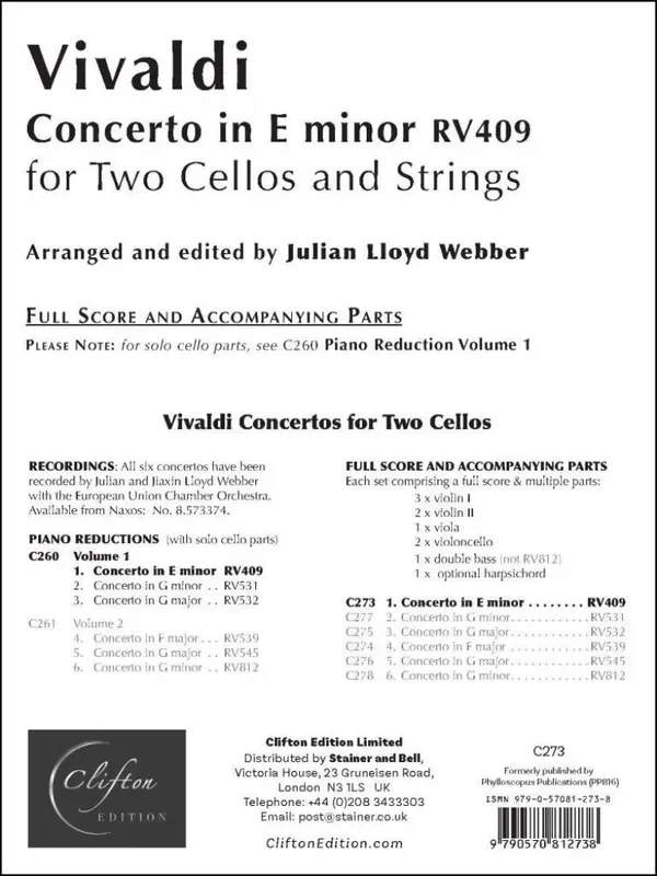 Antonio Vivaldi Concerto in E Minor RV409 (Arr. Julian Lloyd Webber) Streichorchester mit Solo