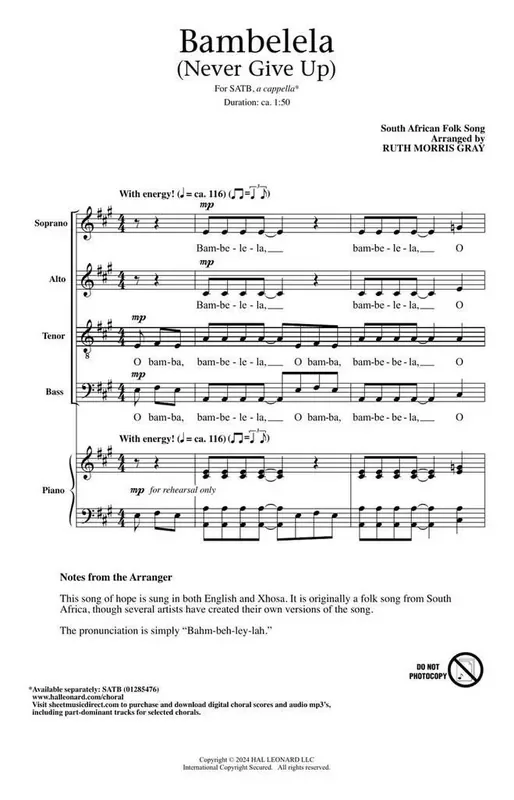 Bambelela (Never Give Up) (Arr. Ruth Morris Gray) Gemischter Chor A cappella