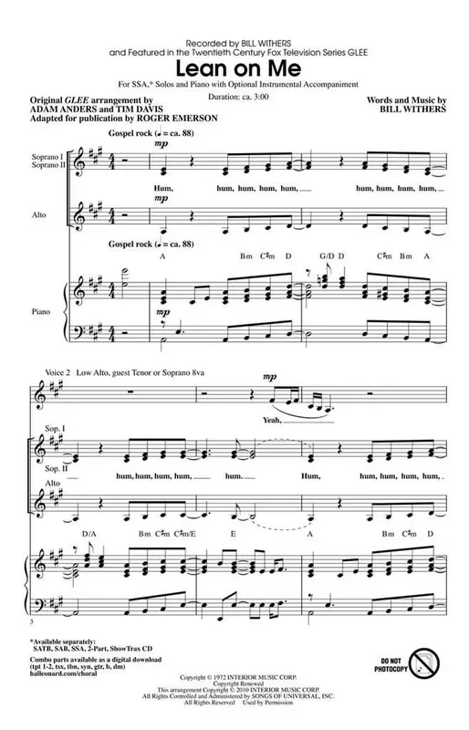 Bill Withers Lean on Me (Arr. Adam Anders) Frauenchor mit Klavier/Orgel