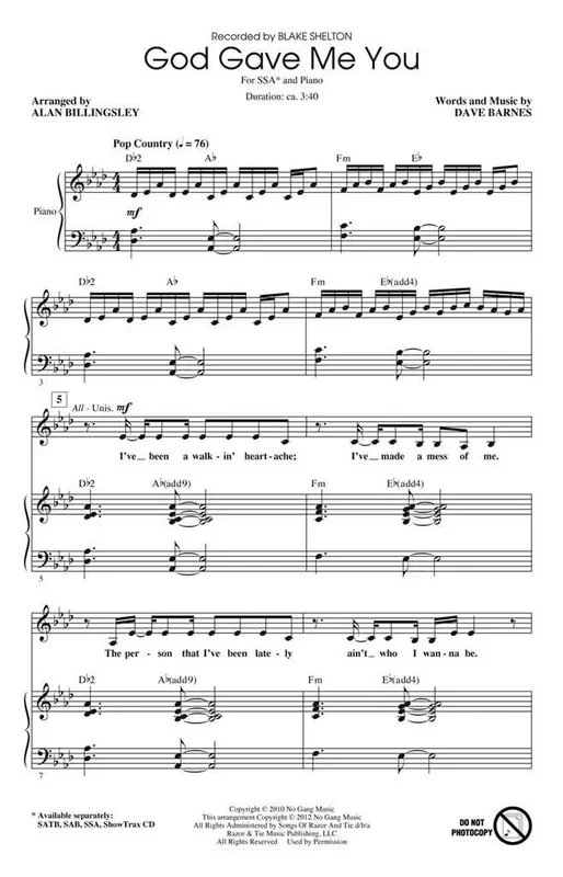 Blake Shelton God Gave Me You (Arr. Alan Billingsley) Frauenchor mit Begleitung
