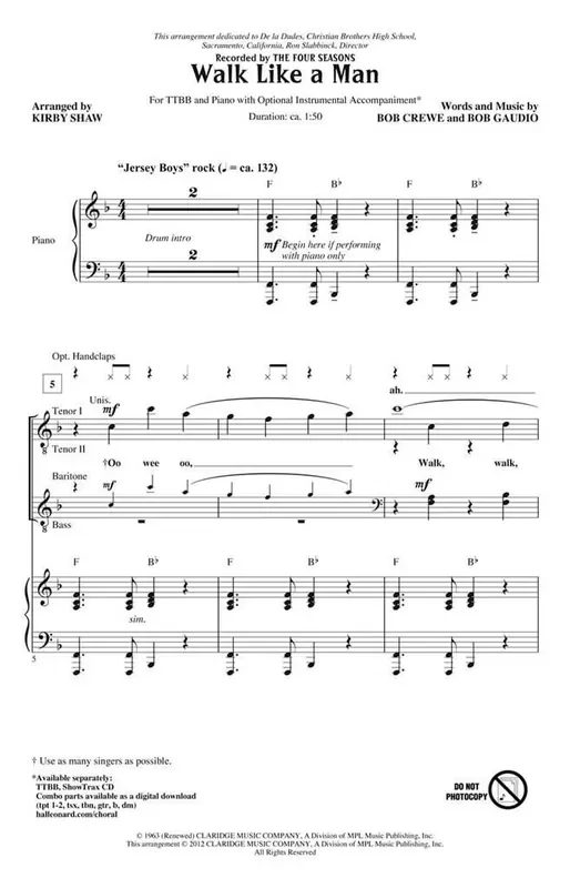 Bob Crewe Walk Like a Man (Arr. Kirby Shaw) Männerchor mit Begleitung