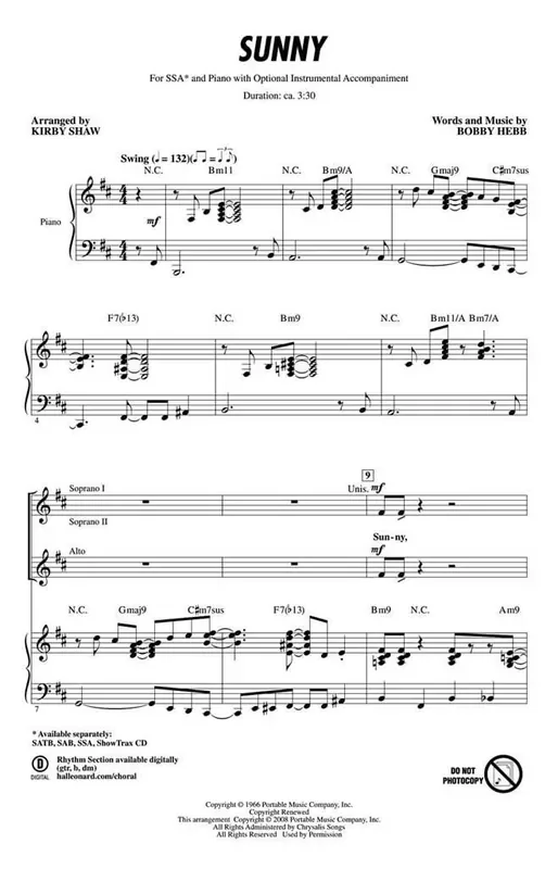 Bobby Hebb Sunny (Arr. Kirby Shaw) Frauenchor mit Klavier/Orgel
