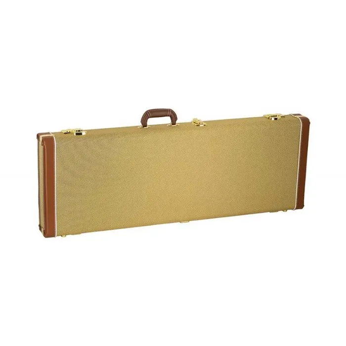 Boston California Series electric guitar case vintage tweed + brown leatheroid, gold hardware, crushed green velvet interior