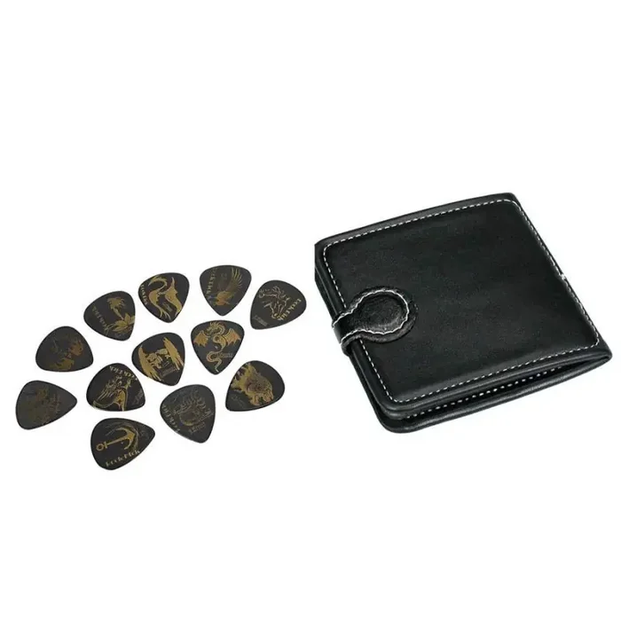Boston pick pouch, black, PVC, with 12 delrin picks, gold print