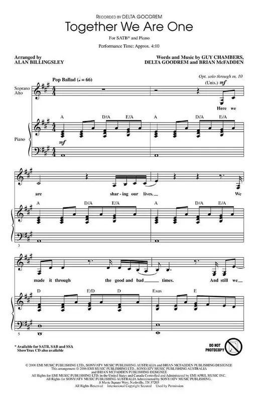Brian McFadden Together we are one (Arr. Alan Billingsley) Gemischter Chor mit Begleitung