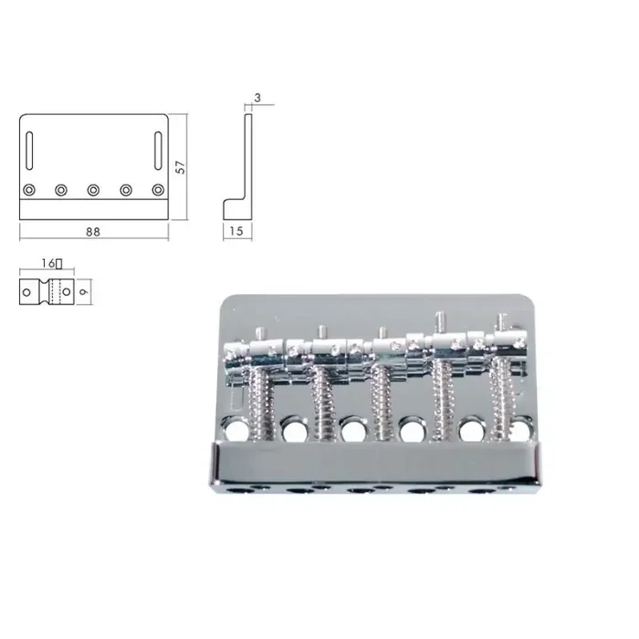 Brug-staartstuk, Jazz/ P-Bass, chroom, 5-string, pitch 16mm