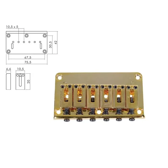 Brug-staartstuk,Strat, goud, pitch 10,5mm, strings through body