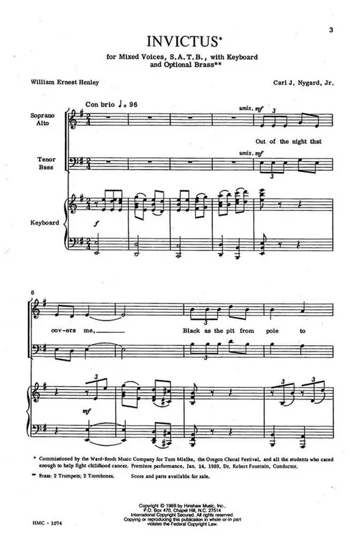 Carl Nygard Invictus (Arr. Carl Nygard) Gemischter Chor mit Klavier/Orgel