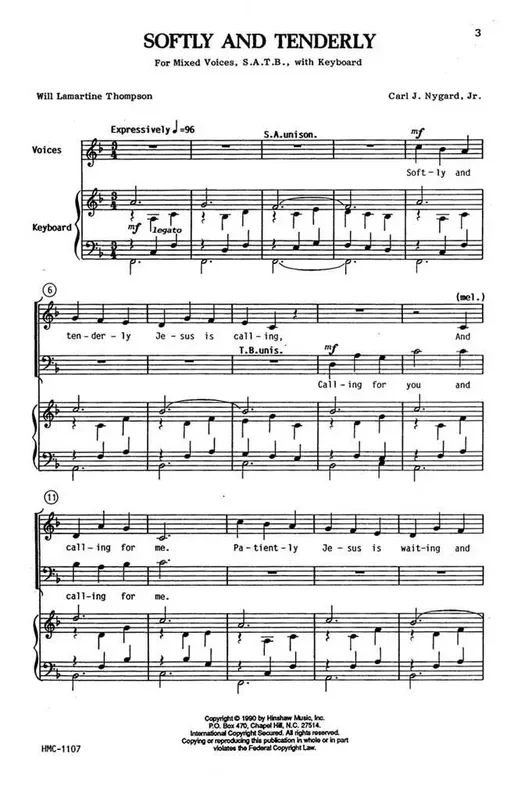 Carl Nygard Softly And Tenderly (Arr. Carl Nygard) Gemischter Chor mit Klavier/Orgel