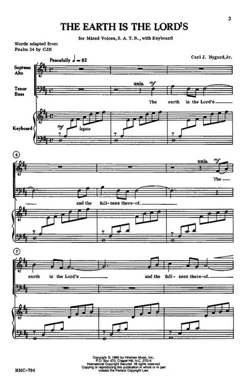Carl Nygard The Earth Is The Lord‘s (Arr. Carl Nygard) Gemischter Chor mit Klavier/Orgel