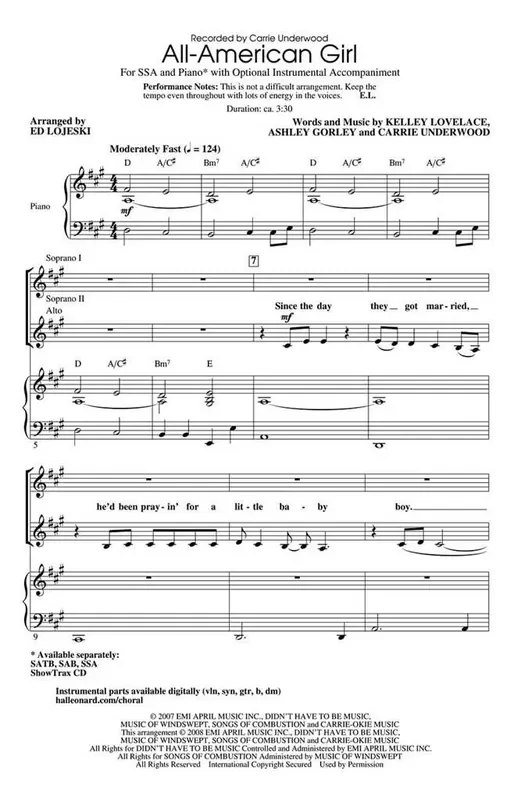 Carrie Underwood All-American Girl (Arr. Ed Lojeski) Frauenchor mit Klavier/Orgel