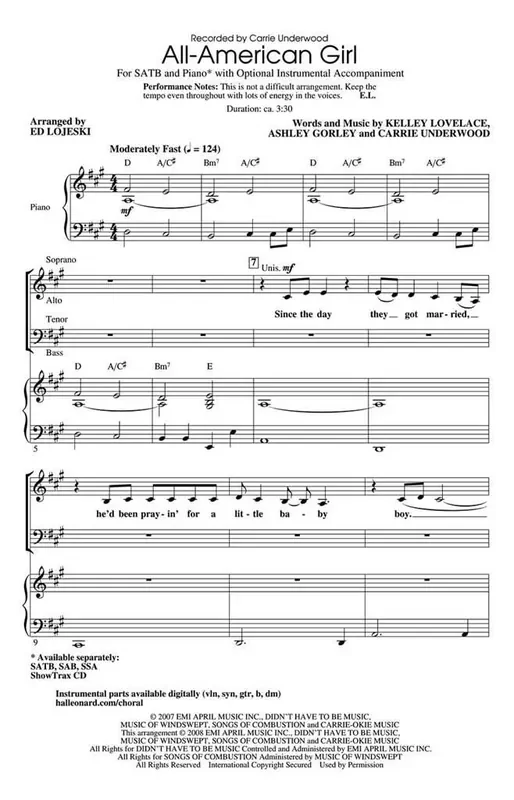 Carrie Underwood All-American Girl (Arr. Ed Lojeski) Gemischter Chor mit Klavier/Orgel