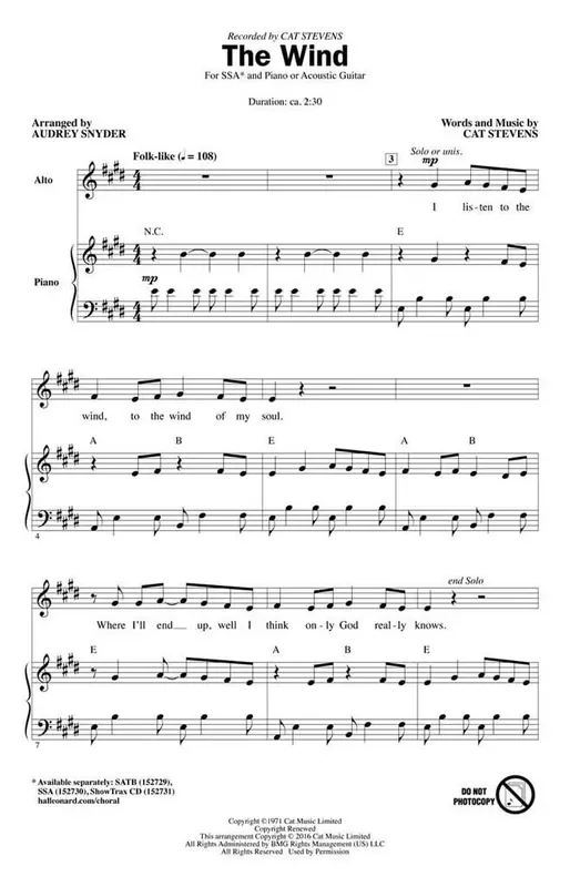 Cat Stevens The Wind (Arr. Audrey Snyder) Frauenchor mit Begleitung
