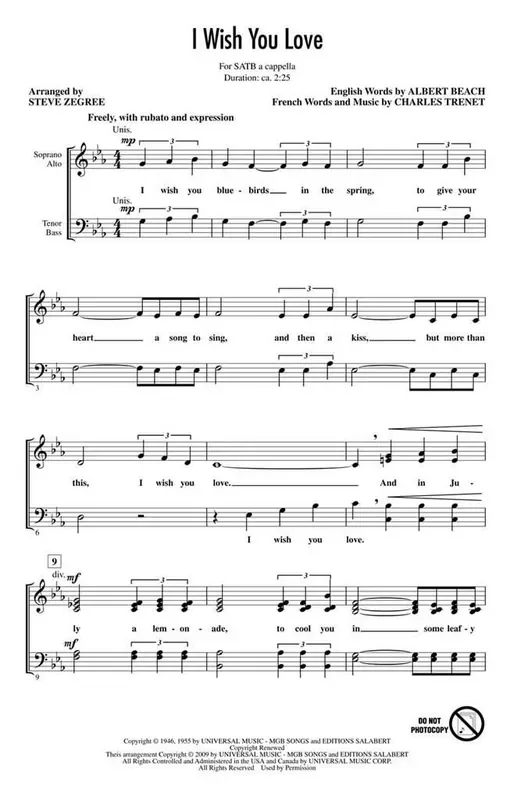 Charles Trenet I Wish You Love (Arr. Steve Zegree) Gemischter Chor mit Begleitung