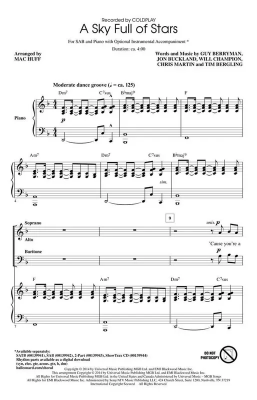 Chris Martin A Sky Full of Stars (Arr. Mac Huff) Gemischter Chor mit Begleitung