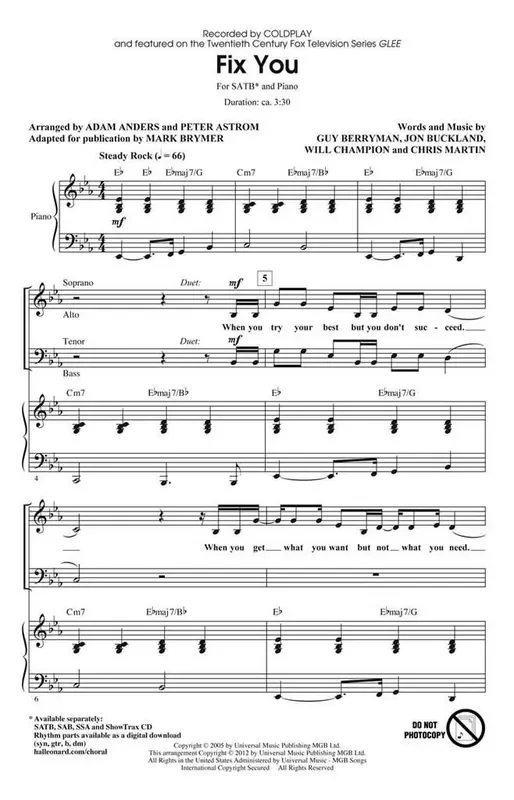 Chris Martin Fix You (Arr. Adam Anders) Gemischter Chor mit Begleitung