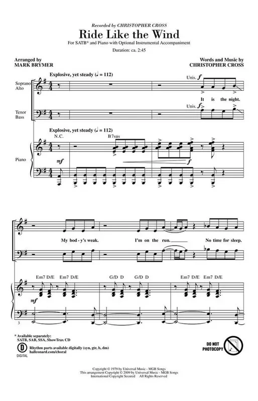 Christopher Cross Ride Like the Wind (Arr. Mark Brymer) Gemischter Chor mit Begleitung