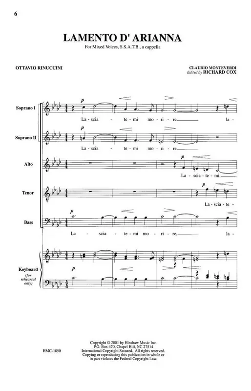 Claudio Monteverdi Lamento D‘arianna (Arr. Claudio Monteverdi) Gemischter Chor A cappella