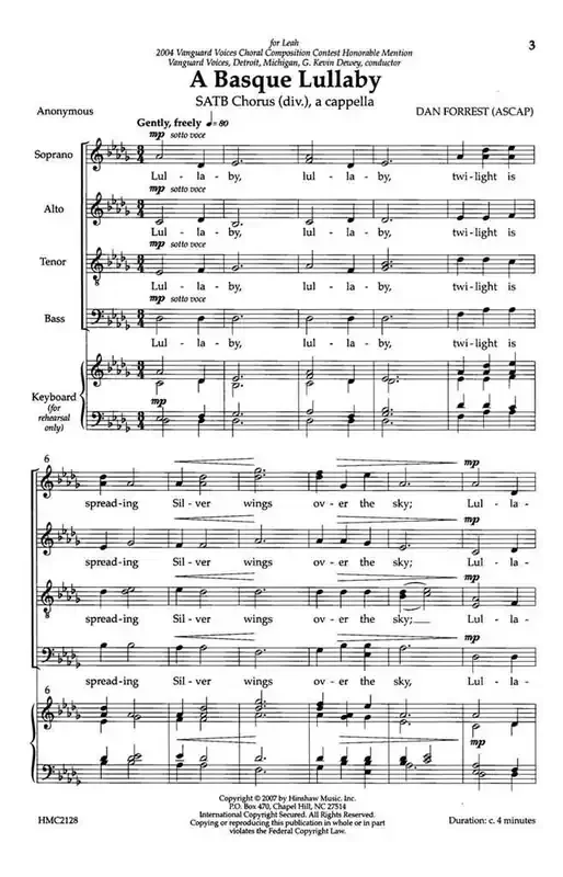Dan Forrest A Basque Lullaby (Arr. Dan Forrest) Gemischter Chor A cappella
