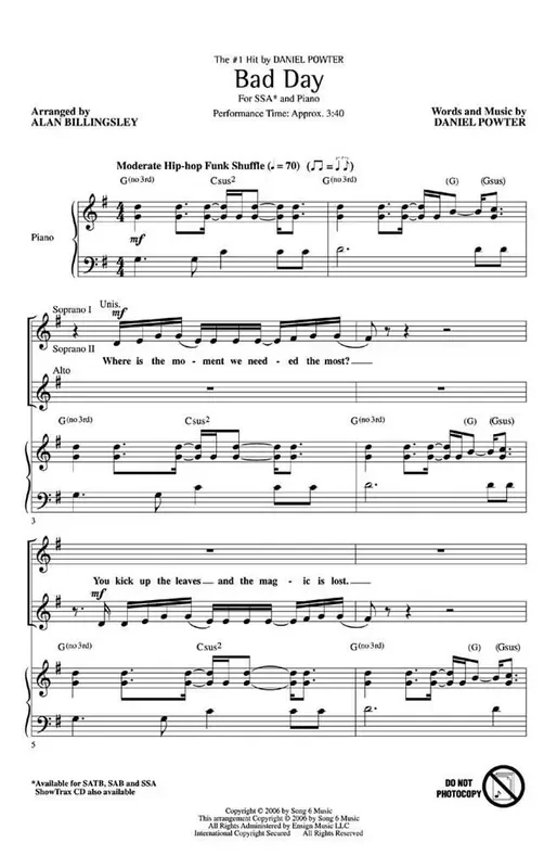 Daniel Powter Bad Day (Arr. Alan Billingsley) Frauenchor mit Klavier/Orgel