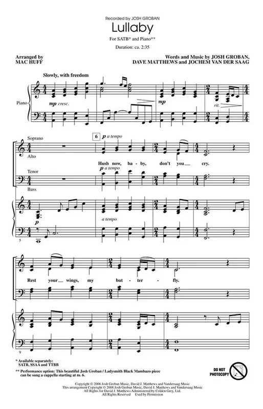 Dave Matthews Lullaby (Arr. Mac Huff) Gemischter Chor mit Begleitung