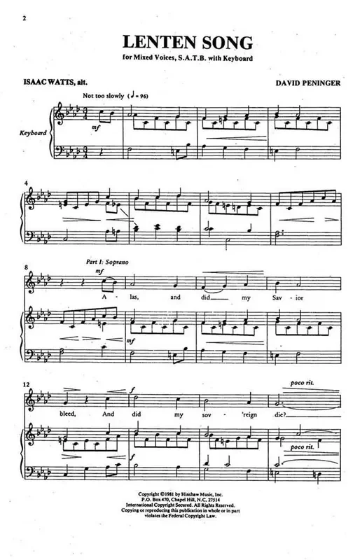 David Peninger Lenten Song (Arr. David Peninger) Gemischter Chor mit Klavier/Orgel