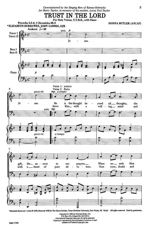 Donna Butler Trust In The Lord (Arr. Donna Butler) Männerchor mit Klavier/Orgel