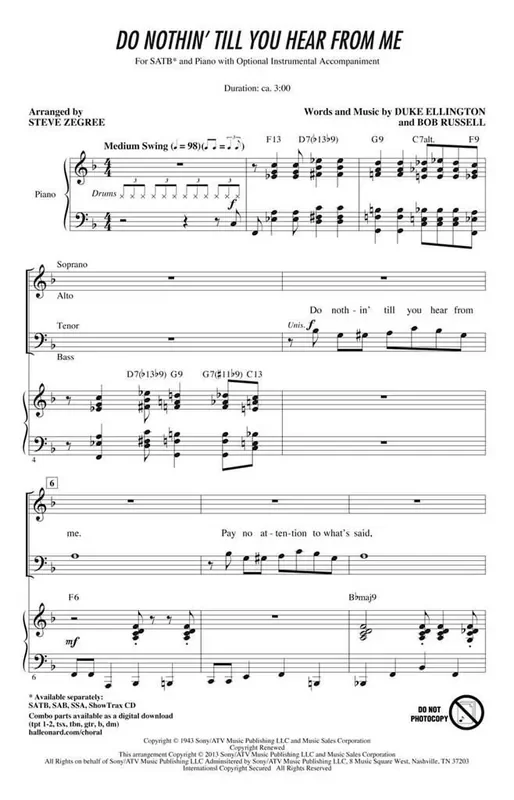 Duke Ellington Do Nothin‘ Till You Hear from Me (Arr. Steve Zegree) Gemischter Chor mit Begleitung