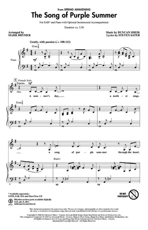 Duncan Sheik The Song of Purple Summer (Arr. Mark Brymer) Gemischter Chor mit Begleitung
