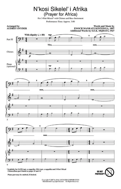 E.M. Sontonga N‘kosi Sikelel‘ I Afrika (Arr. Audrey Snyder) Gemischter Chor mit Begleitung