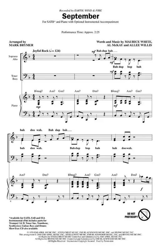 Earth, Wind & Fire September (Arr. Mark Brymer) Gemischter Chor mit Klavier/Orgel