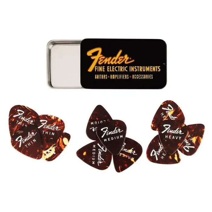 Fender fine electric pick tin, 351 shape, assorted gauges, 12 pieces