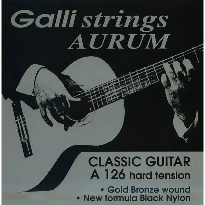 Galli Aurum string set classic, gold bronze wound, black nylon trebles, hard tension