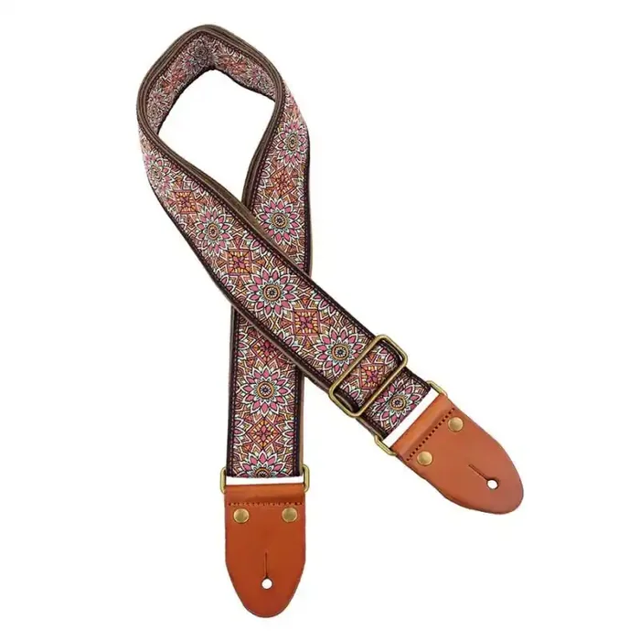 Gaucho Authentic Deluxe Series guitar strap, 2″ jacquard weave, leather slips with pins, brass buckle, suede backing, bk/bu/rd