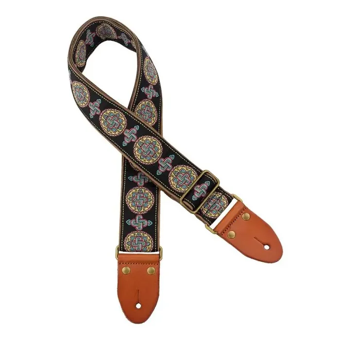Gaucho Authentic Deluxe Series guitar strap, 2″ jacquard weave, leather slips with pins, brass buckle, suede backing, bk/bu/rd