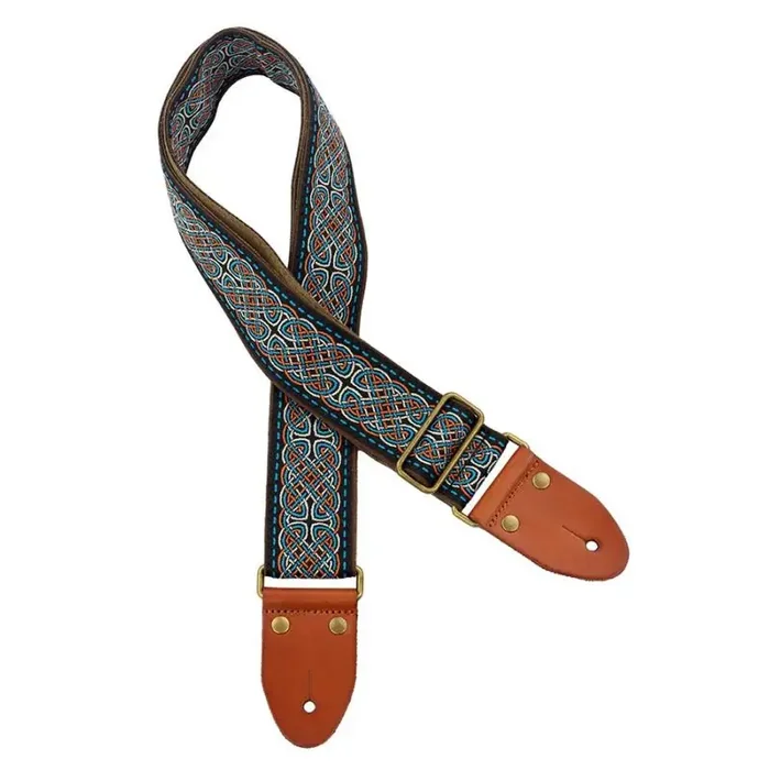 Gaucho Authentic Deluxe Series guitar strap, 2″ jacquard weave, leather slips with pins, brass buckle, suede backing, bk/bu