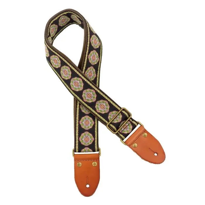 Gaucho Authentic Deluxe Series guitar strap, 2″ jacquard weave, leather slips with pins, brass buckle, suede backing, bk/gn