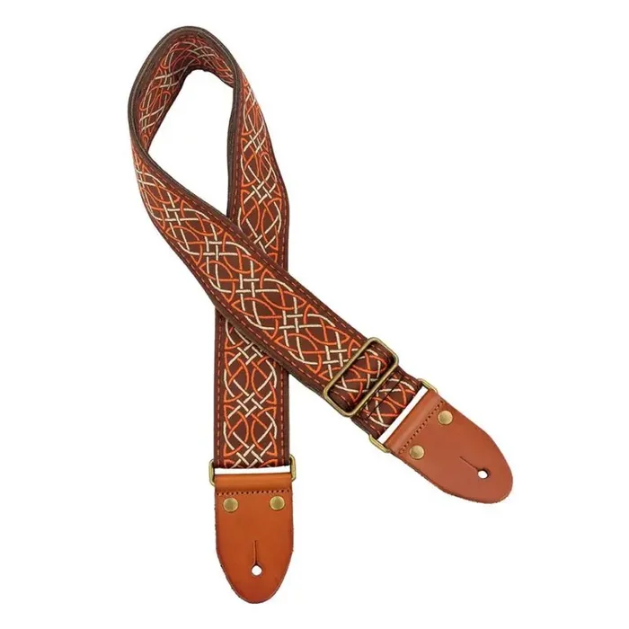 Gaucho Authentic Deluxe Series guitar strap, 2″ jacquard weave, leather slips with pins, brass buckle, suede backing, br/or