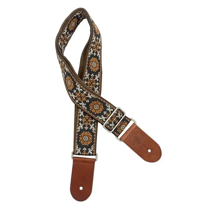Gaucho Traditional Deluxe Series guitar strap, 2 jacquard weave, brown leather slips, brown garment leather backing, brown/gold