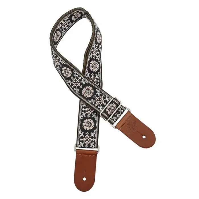 Gaucho Traditional Deluxe Series guitar strap, 2 jacquard weave, brown leather slips, brown garment leather backing, yellow/black
