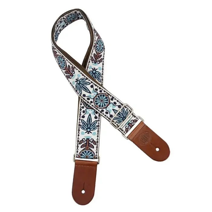 Gaucho Traditional Deluxe Series guitar strap, 2 jacquard weave, brown leather slips, brown garment leather backing, white/blue