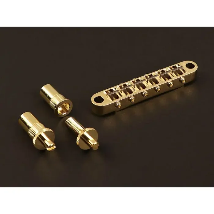 Gotoh bridge for e-guitar, „tune-o-matic“ stud spacing 74,0mm, titanium saddles, gold